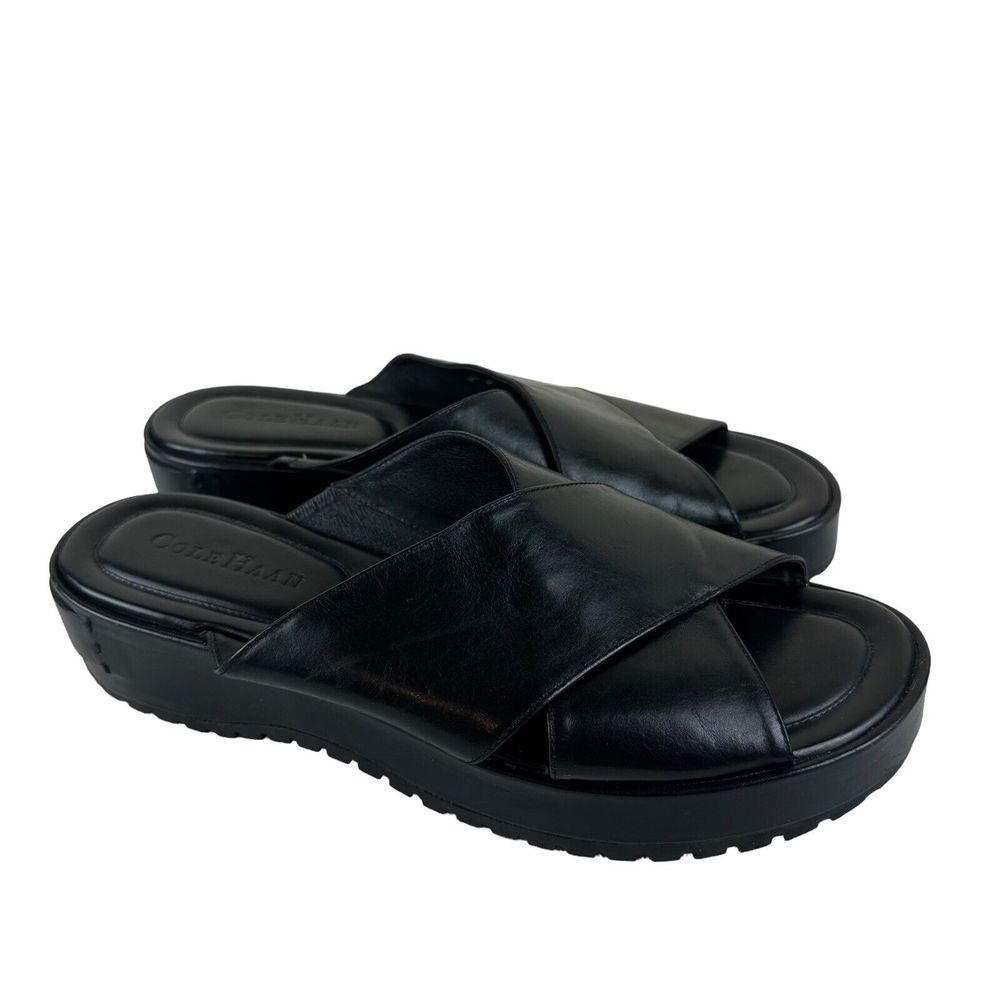 Cole Haan Black Leather Wedge Platform Crisscross Slide On Sandals 7.5B
